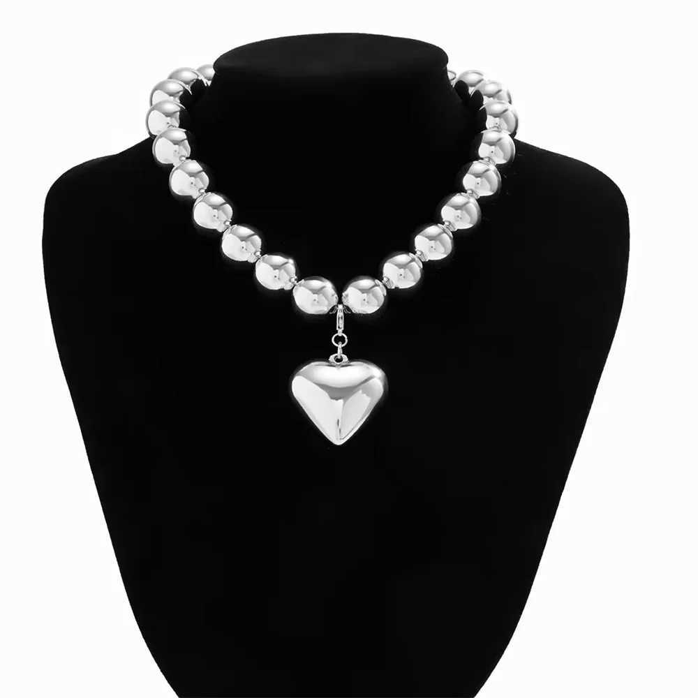 Boho Punk Silver-plate Big Bead Chain Heart Pendant Necklace For Women Vintage Fashion Female Baroque Hip Hop Choker Jewelry W250618