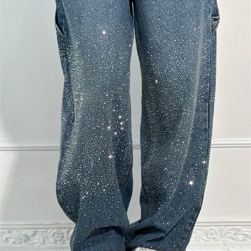 Womens Shining High Waist Denim Jeans Pant With All-Over Rhinestones Straight Leg Pants Trendy Casual Streetwear Trouser 250617
