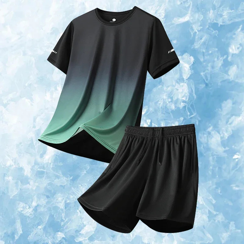 Men Running Fitness Thin Short 2-piece Set Summer Ice Silk Gradient Tracksuit Men Sports Suit Short Sleeve T Shirt Shorts Sets 250617