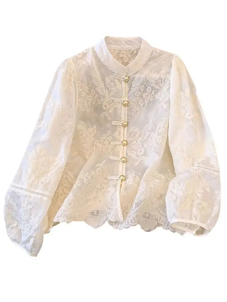 Flower Embroidery Chic Lace Splicing Tangsuit Button Shirts Women Jackets Chinese Cheongsam Hanfu Vintage Thin Coats Summer 250613