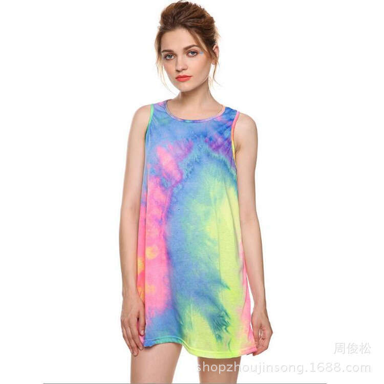 Summer New Sleeveless Vibrant Tie-Dye Colorful Tank Dress B5