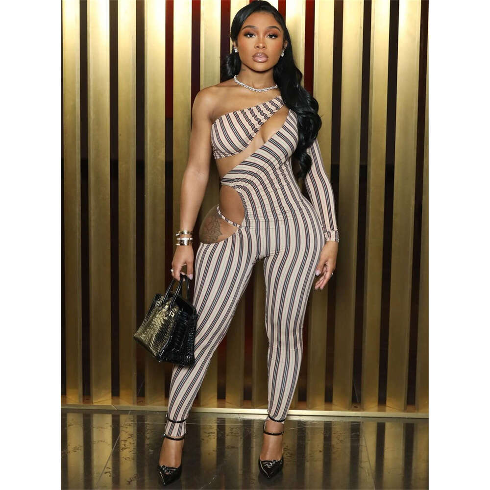 Autumn New Elastic Striped Slim Sexy Hot Girl Hollow Out Jumpsuit Bodysuit B5