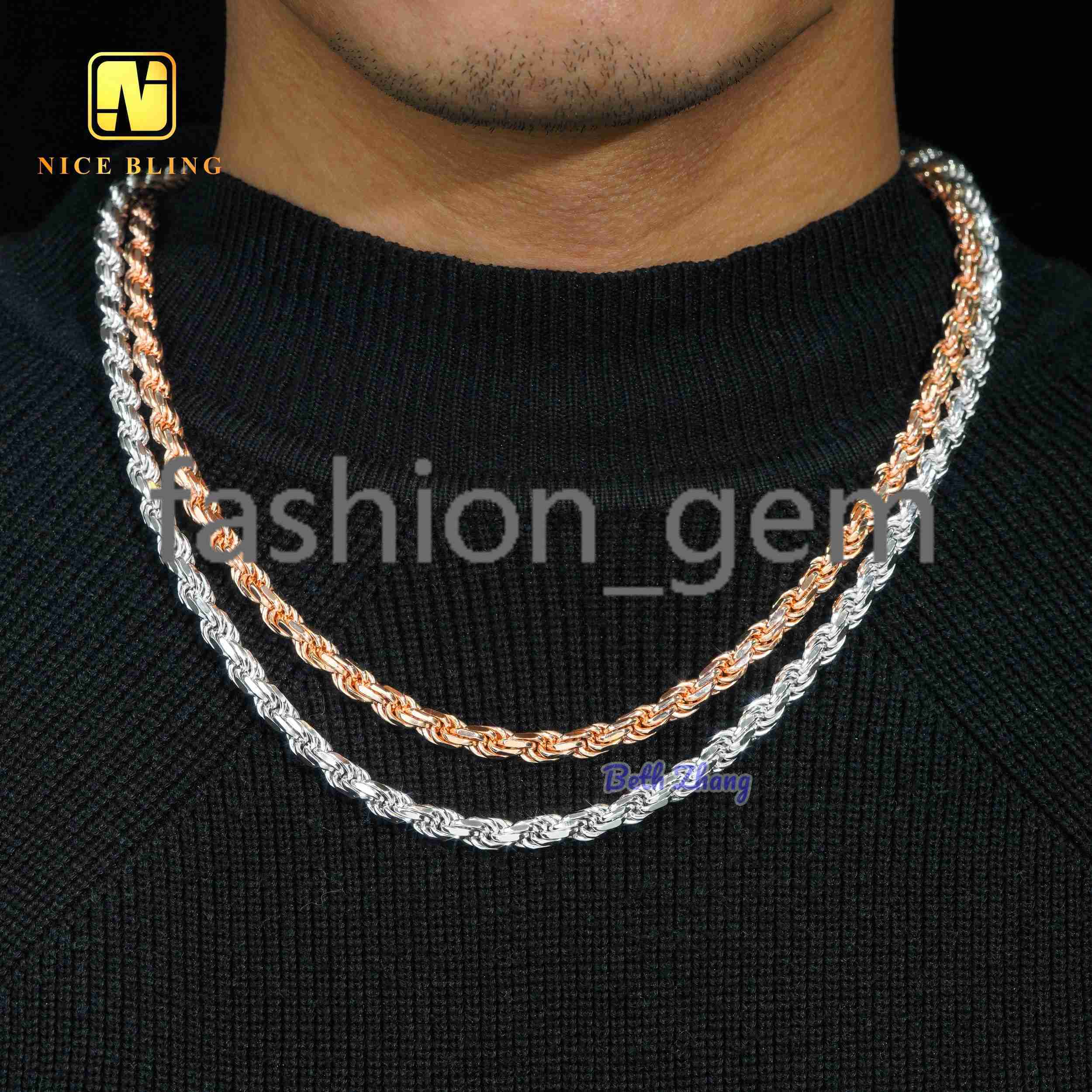 VVS Moissanite Clasps Sterling Silver Rope Chains18k Gold Plated Hiphop Fashion Men Women 6mm Moissanite Rope Chain