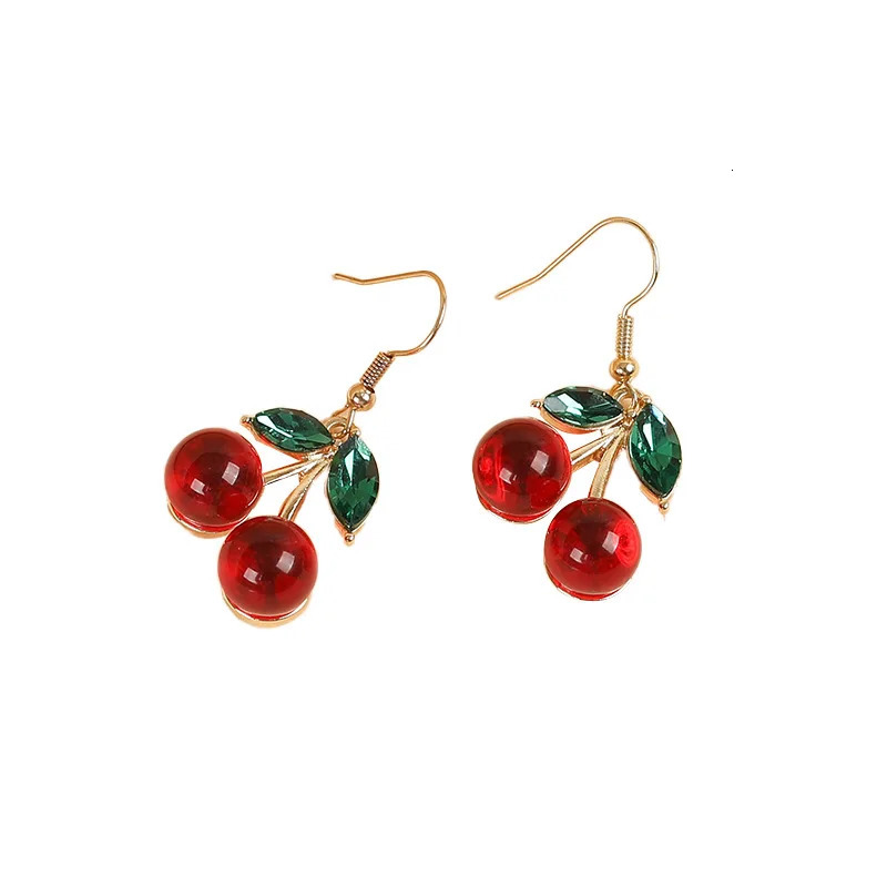Green leaves red cherries high-end and versatile niche cherry earrings fresh and sweet style 250617