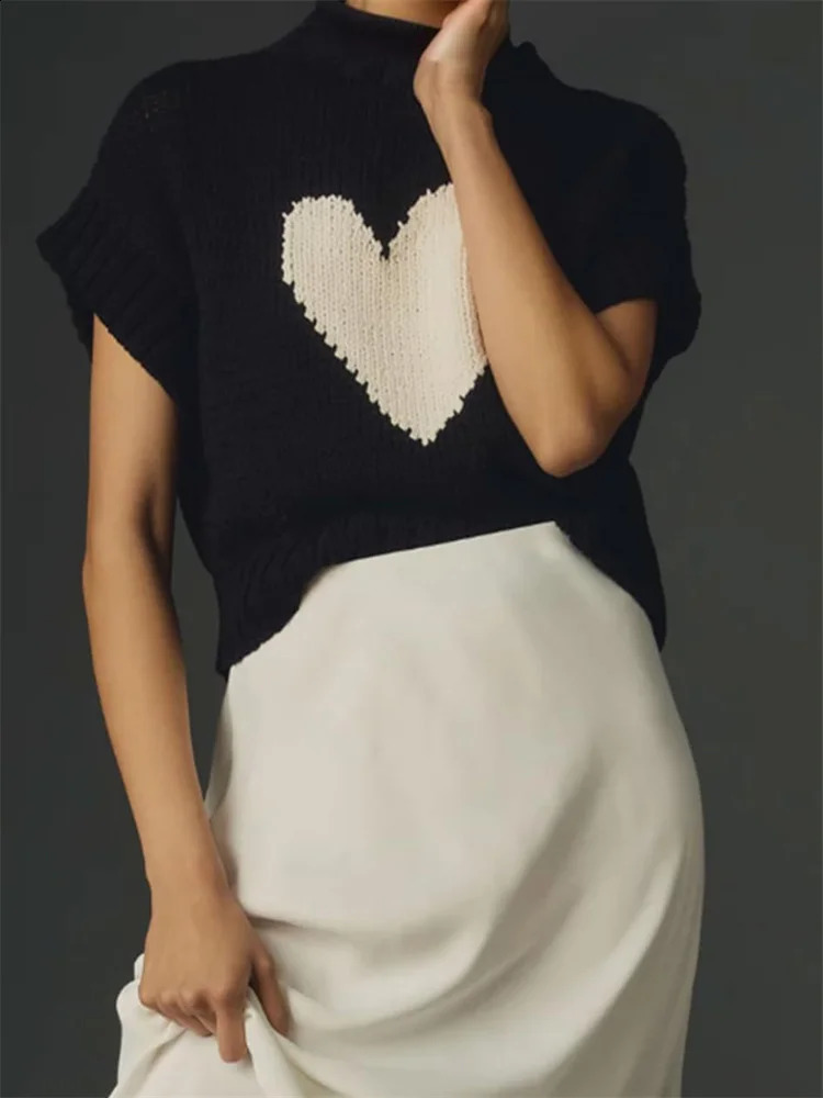 CHRONSTYLE Womens Short Sleeve Sweaters Heart Pattern High Neck Crop Knitted Pullovers Tops Casual Streetwear Party Jumpers 250614