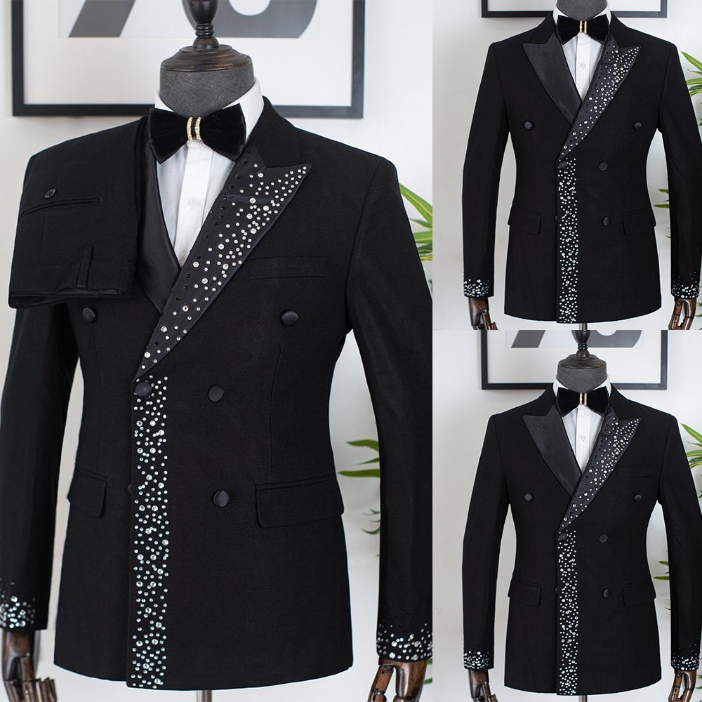 Modern Men Suits Peaked Lapel Tailor-Made 2 Pieces Set Jacket Blazer Rhinestone Double Breasted Groom Customized Coat Black Pants Plus Size