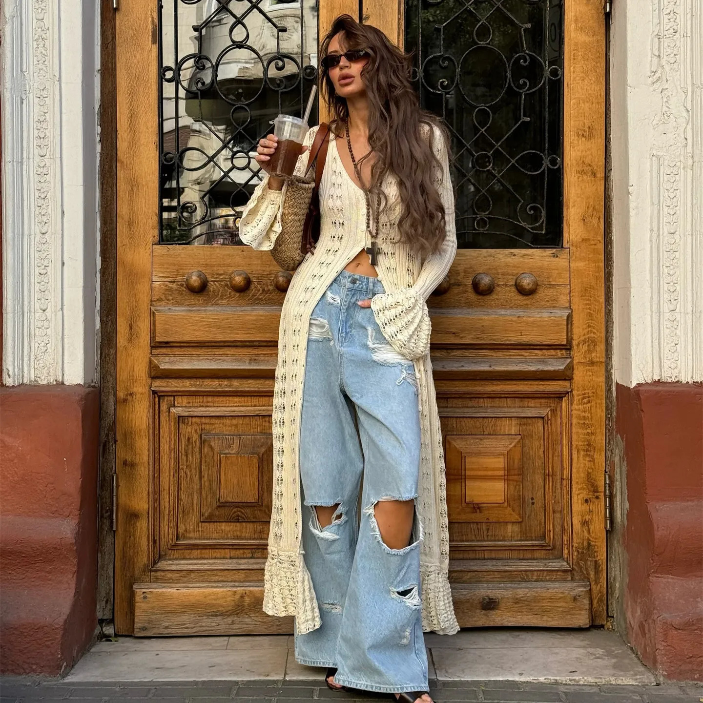 hirigin Button Front Long Sleeve Sheer Open-knit Long Cover-up Jacket Women Autumn Beach Vacation Outfit Maxi Cardigan 250617