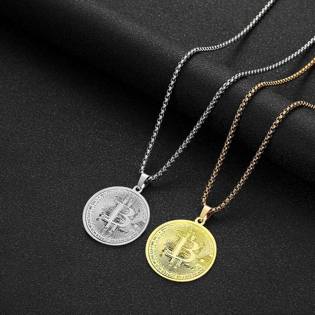 Kinitial Circle Bitcoin Pendant Necklace Stainless Steel Bitcoin Charm Chain Choker For Men Women HipHop Jewelry W250618
