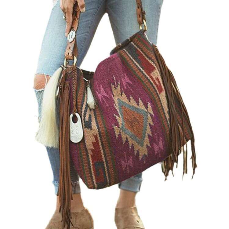 Bohemian Handwoven Fringe Cotton Linen Single Shoulder Large Bag For Women B5