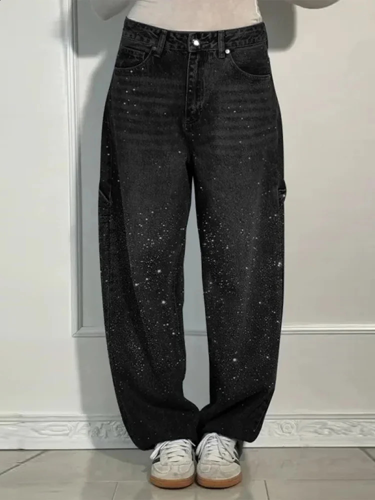 Shiny Rhinestone Baggy Womens Wide Leg Jeans Full Diamond Wide Leg Dragging Denim Pants Vintage Washed Pants Casual Trousers 250617
