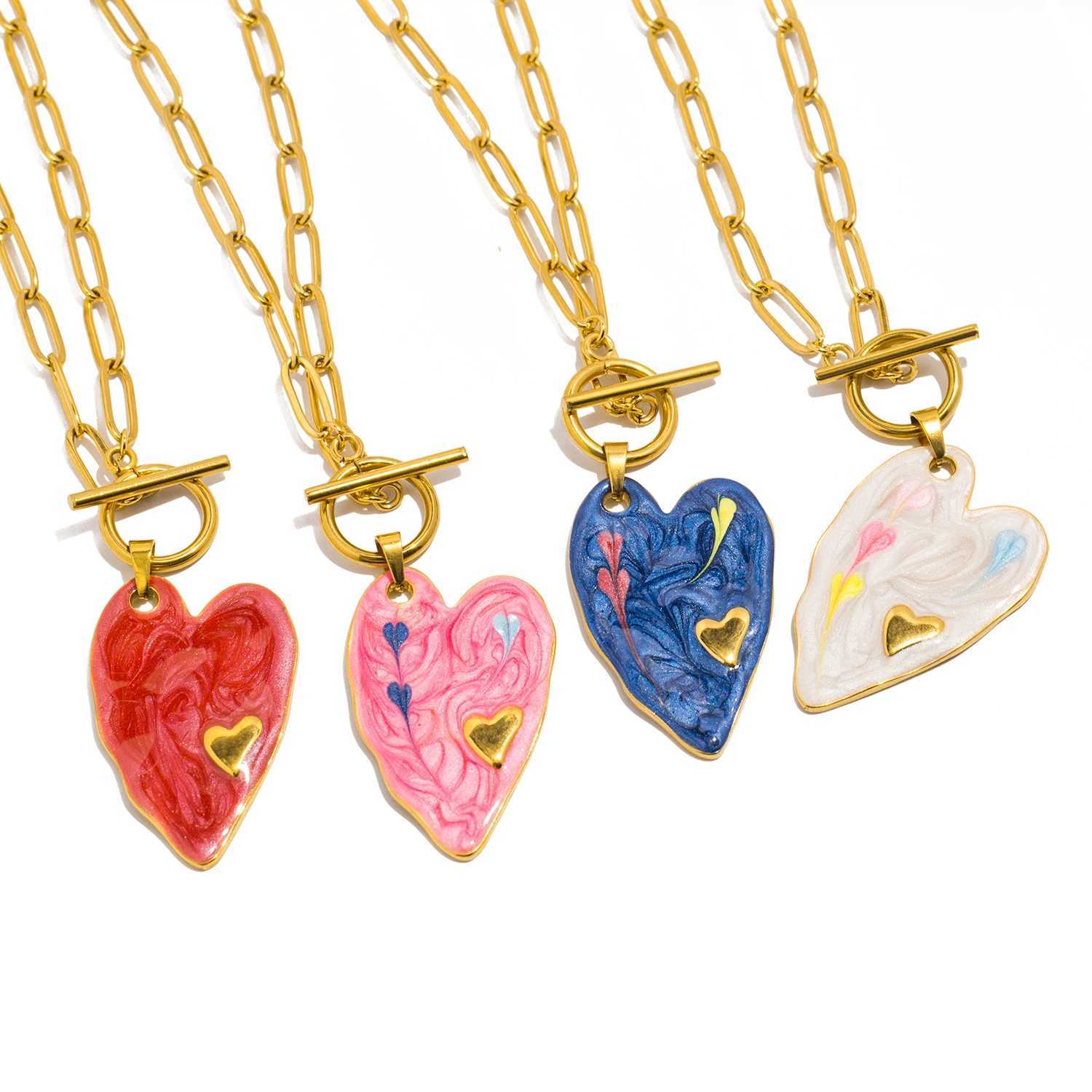 UHBINYCA Colorful Heart-shaped Pendant Necklace for Women Cool Hip-hop Style Stainless Steel Cold Enamel Personalized Jewelry W250618