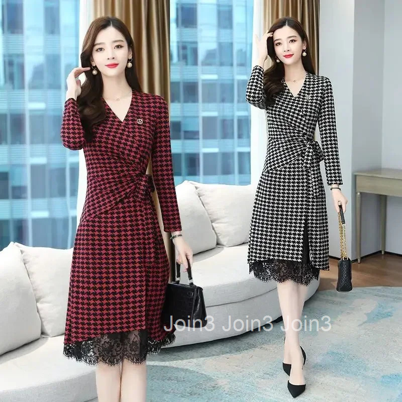 Korean Style Womens Long Sleeve Dresses Splicing Female Dress Lace Kpop Sensual Sexy Elastic A Line Elegant Chic One-piece Xxl