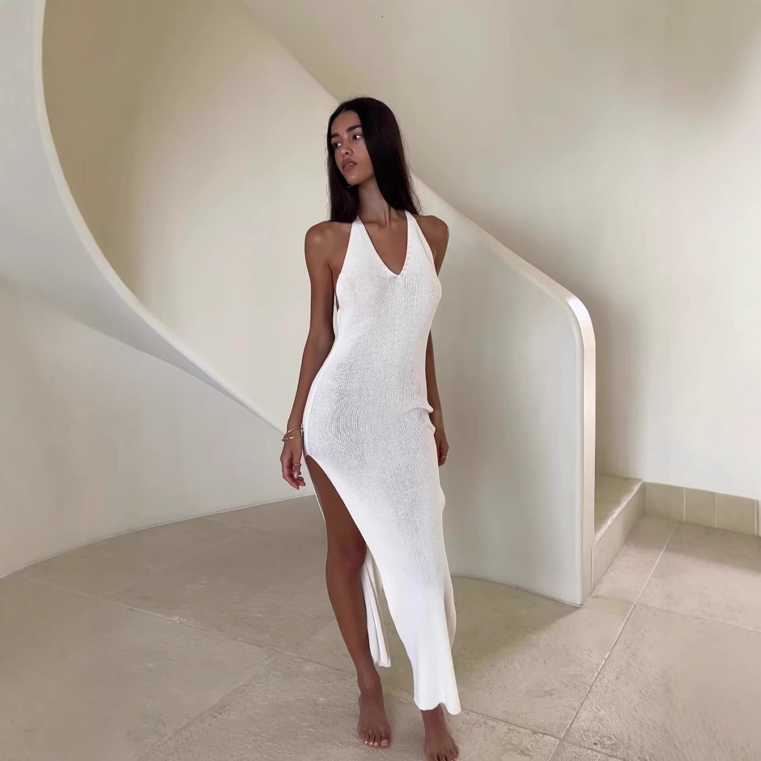 2025 Vacation Beach Dress New Sexy Hot Girl Knitted Dress Slim Fit Split Strap Dress for Women