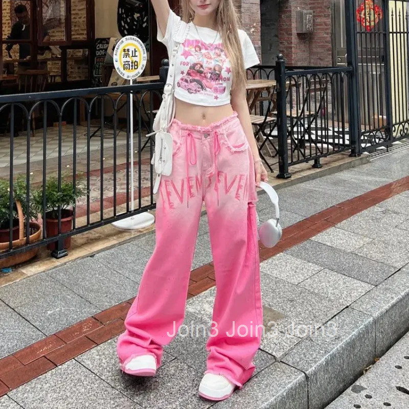 Loosefit Wide Leg Womens Jeans Pink Z Xxl Retro Fashion Trousers Casual Wholesale Top Selling Stretched Cowboy Pants for Woman