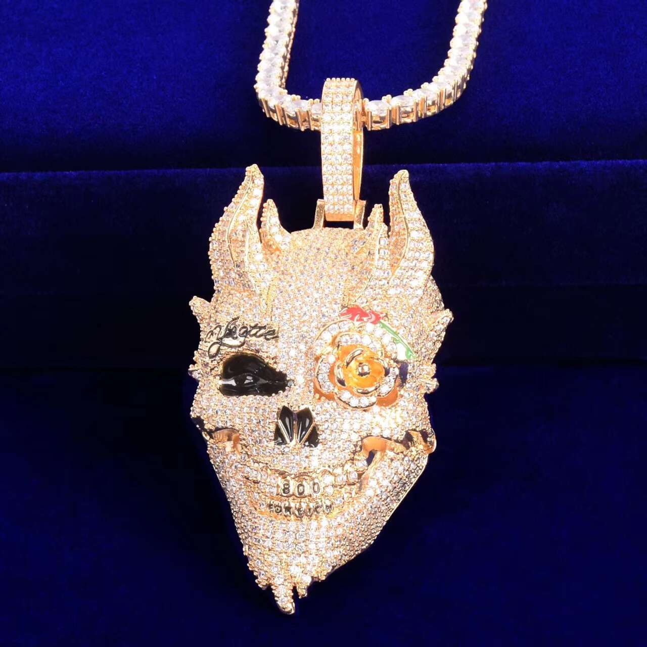 18K Yellow 14K White Gold Hip Hop Demon Skull Rose Flower Eye Pendant Personalidade Moissanite Iced Necklace Charms