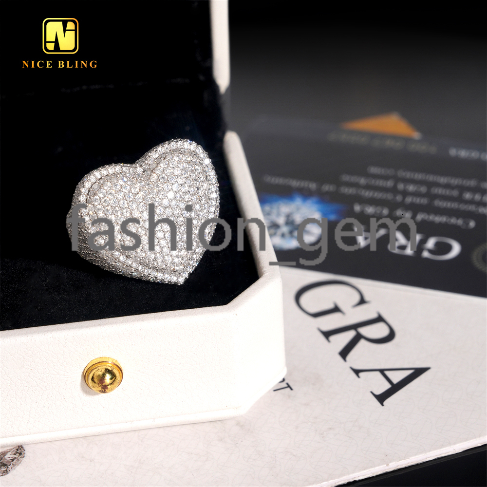 Pass Diamond Tester Heart Shape Hip Hop Rapper VVS Moissanite Fine Jewelry Diamond Iced Out Jewelry 925 Silver Ring for Men