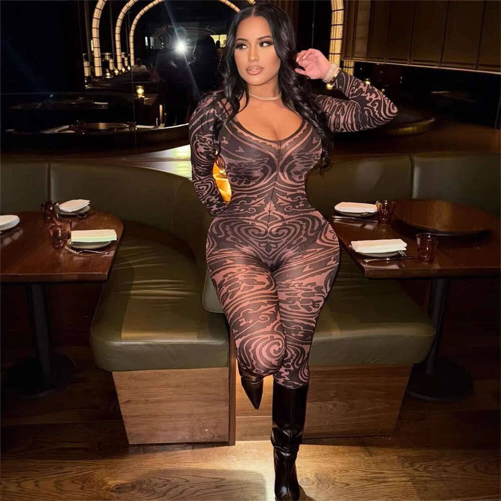 New Fashion Versatile Deep V Print Stretch Slim Sexy Jumpsuit Women's Clothing B5