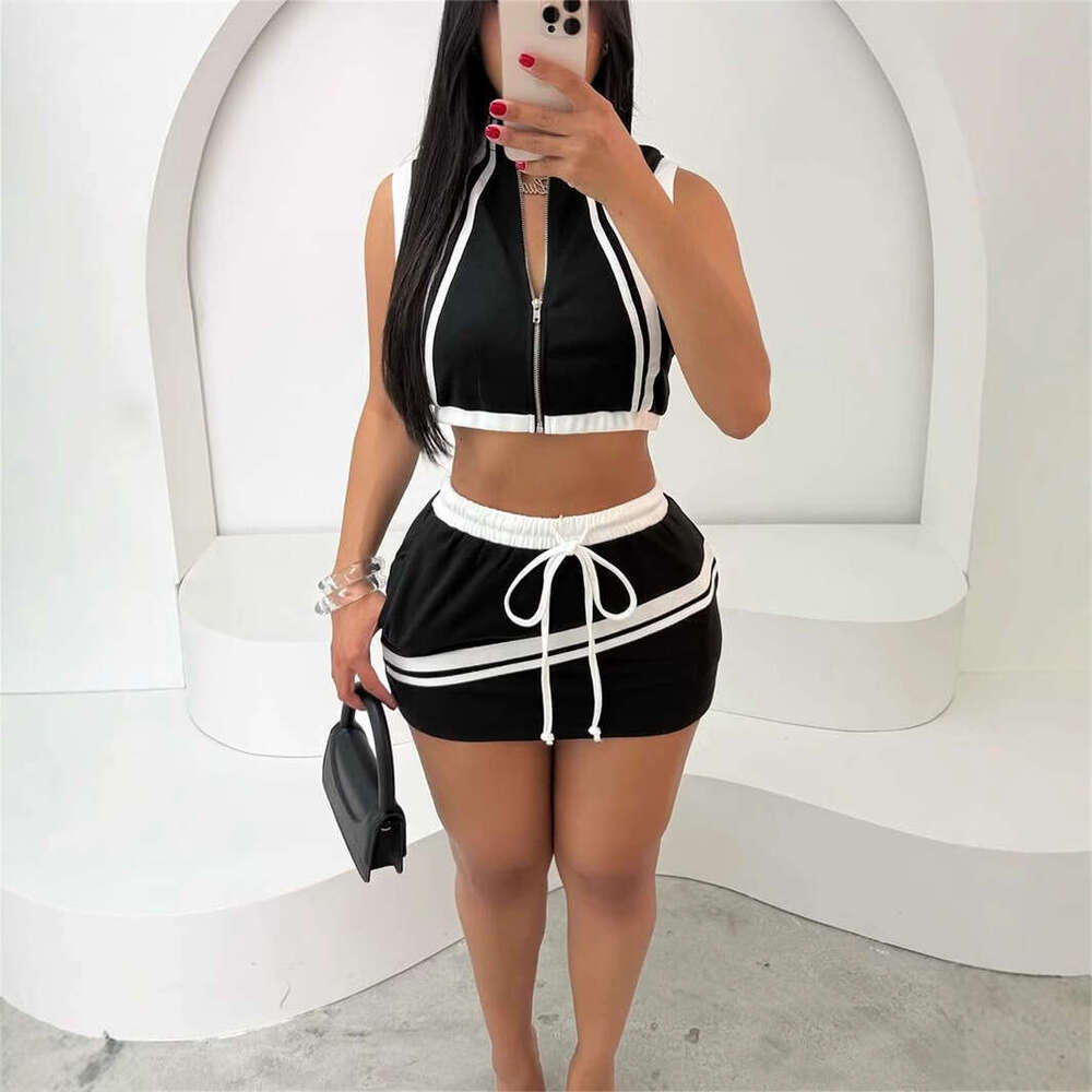 New Fashion Slim Fit Street Zipper Sleeveless Crop Top With Tie Waist Short Skirt Set B5