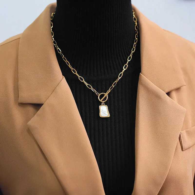 Square Natural Shell Pendant Necklace For Women Gold Color Stainless Steel O Chain Women Neck Choker Fashion Jewelry W250618