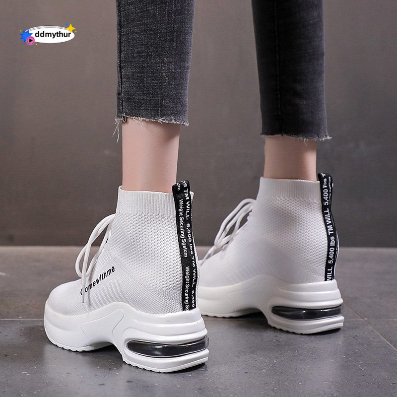 High-top Elastic Sock for Women, Hidden Wedge Casual Sneakers, Sporty White Shoes ddmythur