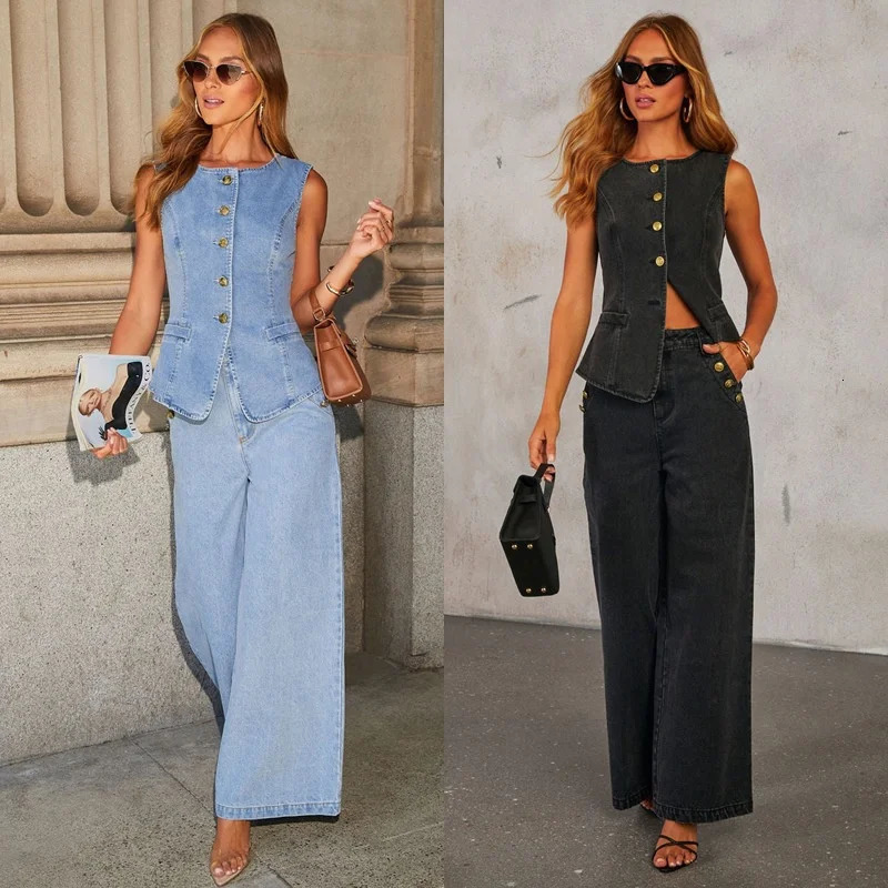 Vintage High Street Denim Suits Women Sleeveless Button Slim Fit Comfortable Vest Wide leg jeans Female Two Piece Pant Sets 250617
