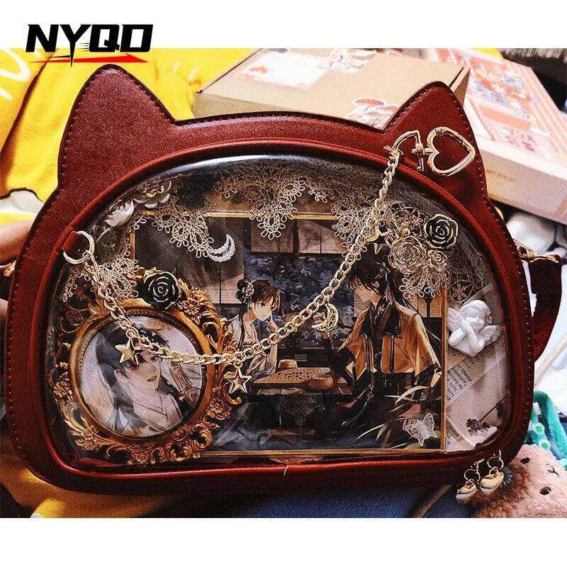 Transparent Crossbody Y2K Cute Cat Shoulder Handbag Lolita Ita Anime Sweet Girl Kawaii Badge Display Messenger Bag for Girls