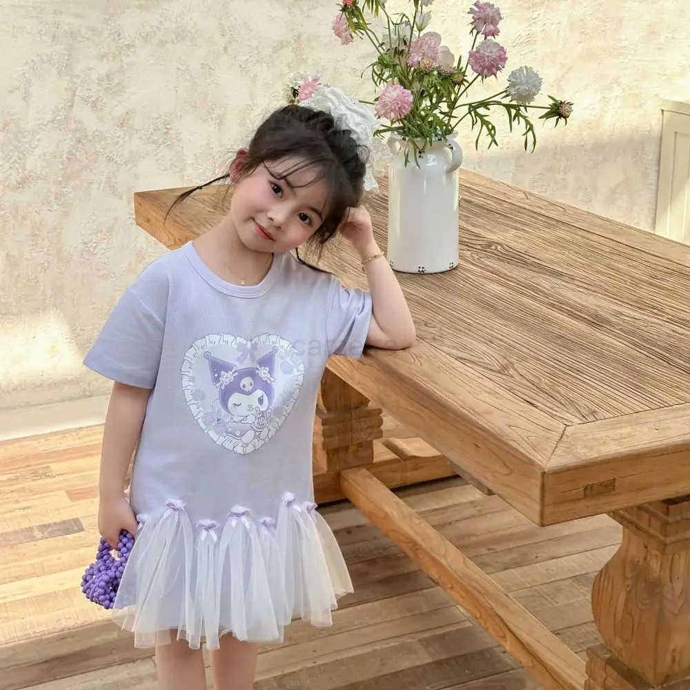 Sanrio Sanrio My Melody Girl Kuromi Short Sleeve T-Shirt Dress Cinnamoroll Summer Cute Cartoon Hot Mesh Princess Skirt Childrens Skirt XJ250618