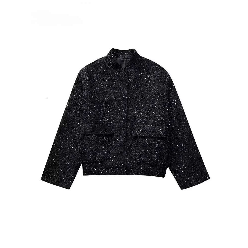 Nlzgmsj Women Shiny Sequin Jacket Y2k Gold Color Stand Collar Long Sleeve Short Coat Autumn Winter Ladies High Streetwear