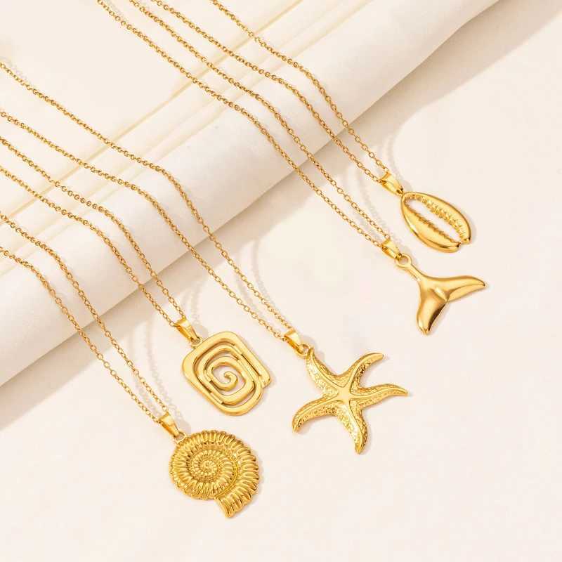 1Pc Stainless Steel Textured Starfish Conch Shell Pendant Women Necklaces Sea Animal Seahorse Shark Men Grunge Collares Jewelry W250618