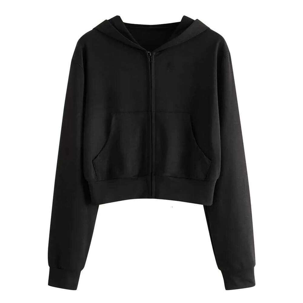 Women's Zip-Up Hoodie, Casual Long Sleeve Off-Shoulder Short Sweatshirt, Solid Color, with Pockets