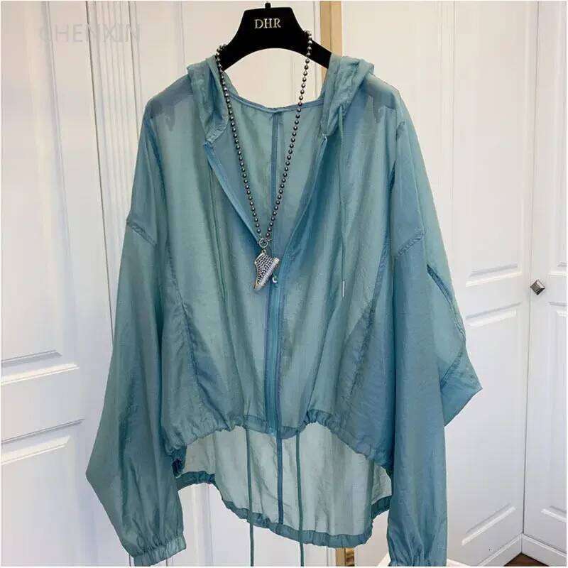 Hooded Jackets for Women, Summer Sunproof Zipper Coats, Thin Loose Transparent Outerwear, Breathable Clothing, Lightweight Black Apparel