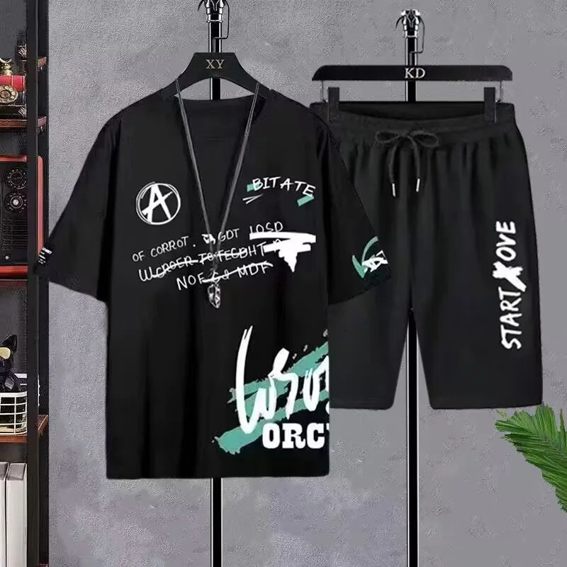 Summer Set for Men Clothes Casual Short Sleeve T ShirtShort Sets 2 Piece Sets Men Y2K Tracksuits Oversized O-Neck Print T-shirt 250617