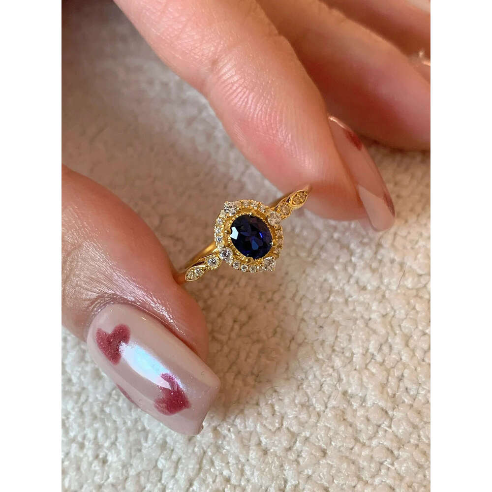 Oval High Imitation Blue for Women Gold Plated Italian Vintage Style Exquisite Fashion Light Luxury Zircon Ring