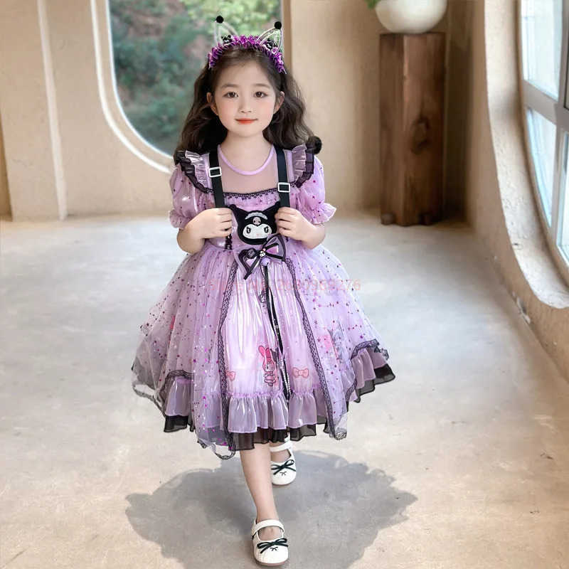 Sanrio 2025 Cosplay Sanrio Kuromi Lolita Princess Dress Summer Bow Puffy Skirt Dress Suit Children Birthday Party Costume Girls GiftsXJ250618