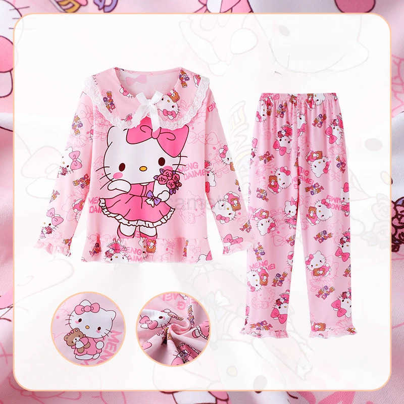 Sanrio Kawaii Sanrio Kids Pajama Sets Lace Bow Print Comfortable Children Sleepwear Suit Soft Loose Indoor Clothes Autumn Winter XJ250618XJ250618