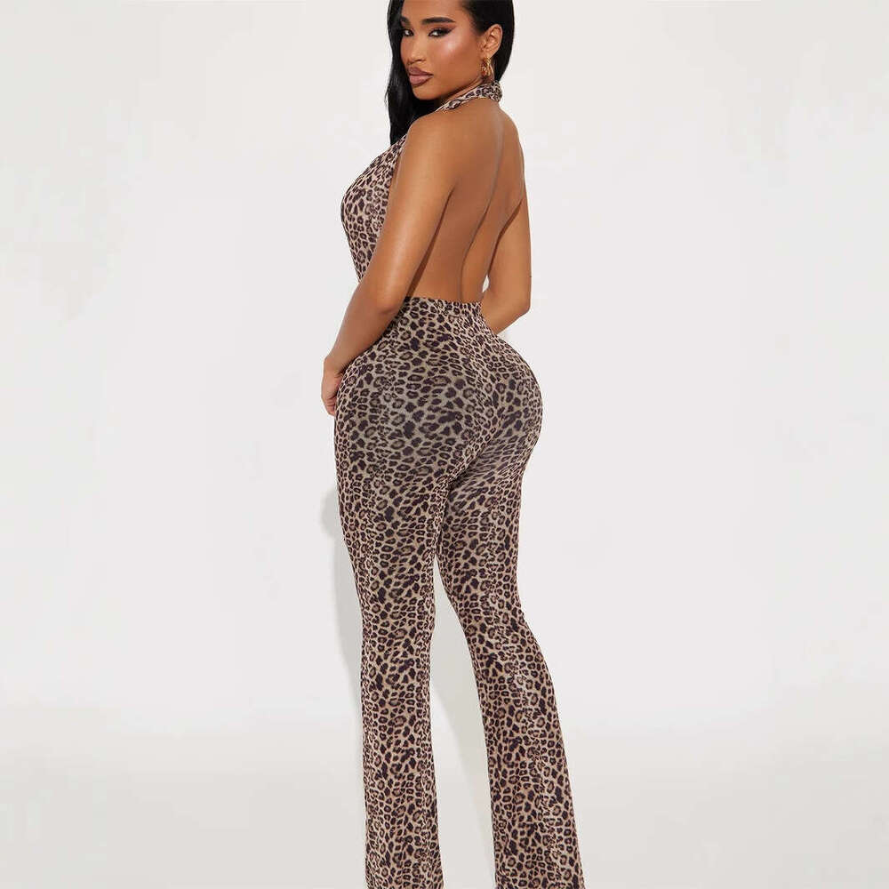 Women's Fashion Sexy Hot Girl Halter Tie Tight Printed Leopard Backless Hip-Lifting Jumpsuit B5