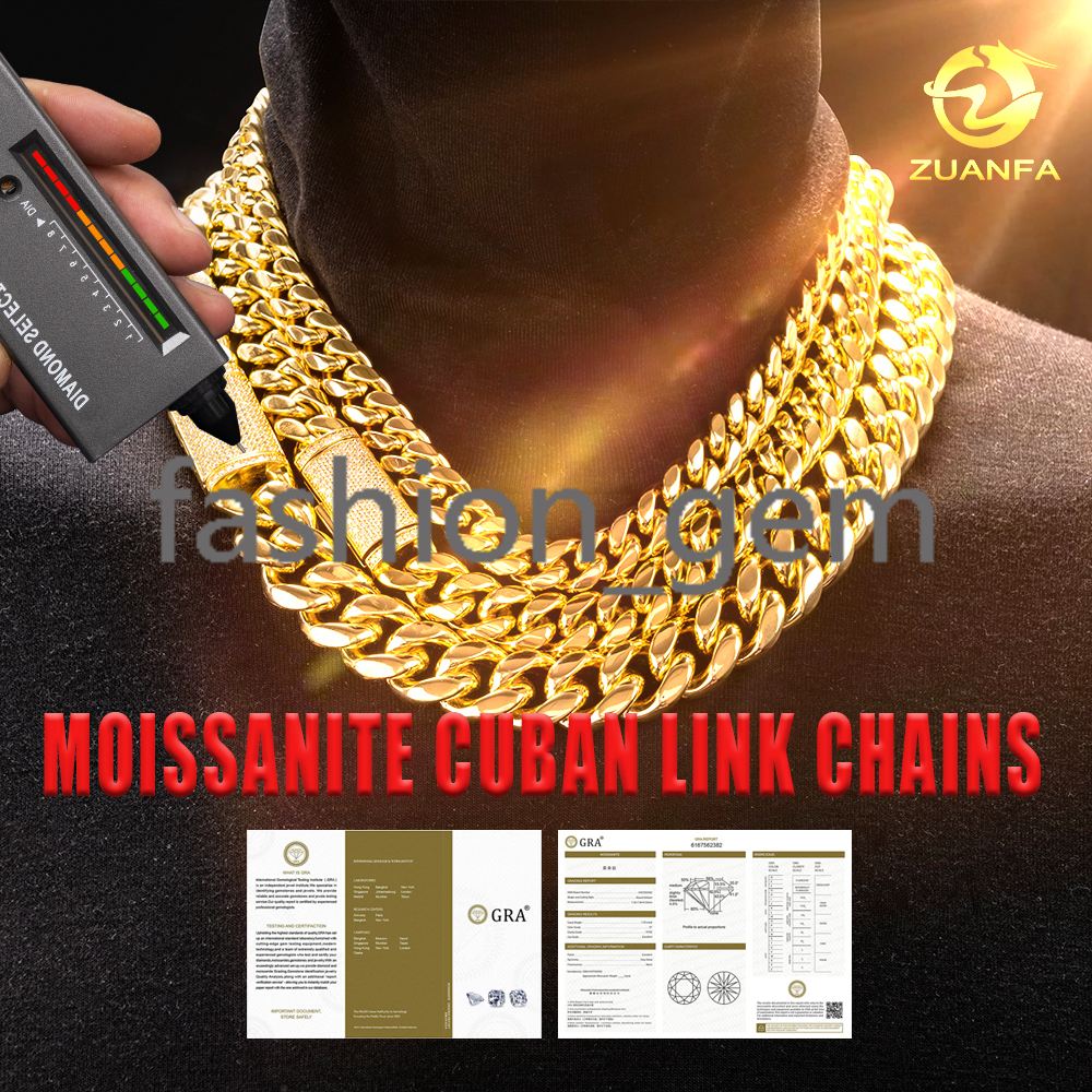 Hip Hop Iced Out Moissanite Diamond Clasp 8mm 10mm 12mm 14mm 18mm 925 silver 925 silver Pvd Gold Plated Miami Cuban Link Chain