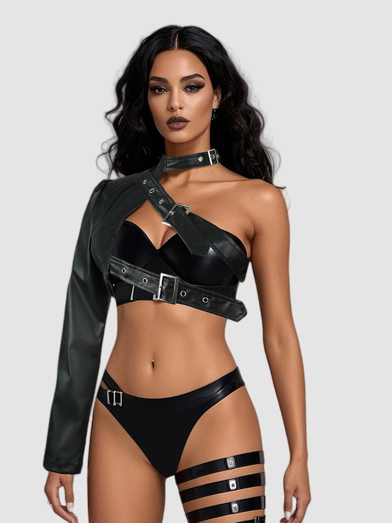 2025 Black Punk Single Shoulder PU Leather Coat Rock Dance Versatile Irregular European and American
