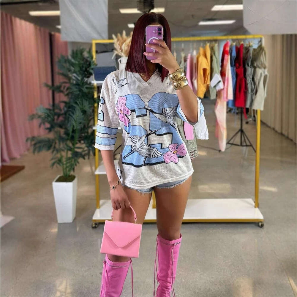 Summer New Women's Fashion V-Neck Short Sleeve T-Shirt With Number Print Top B5