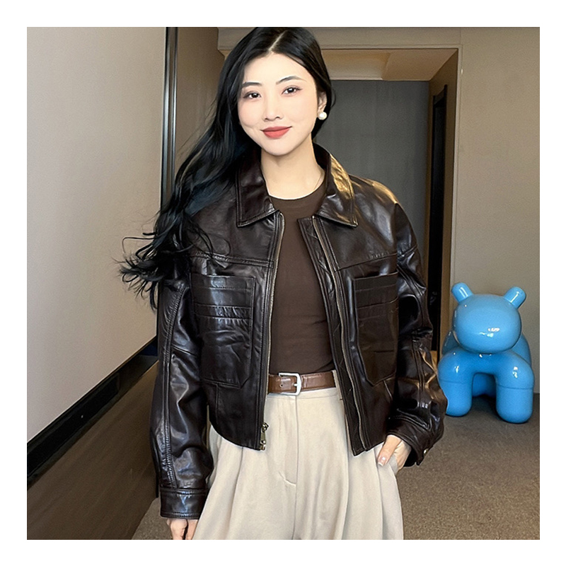Small leather jacket, short jacket, new year, spring and autumn design, retro style, lapel PU leather motorcycle jacket