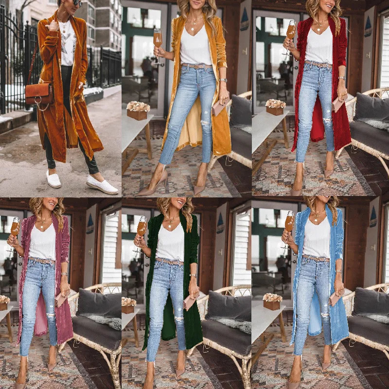 AutumnWinter Street Trendy Womens Loose Gold Velvet Stretch Long Coat Solid Elegant Office Lady Party X-LONG Cardigan Jacket 250617