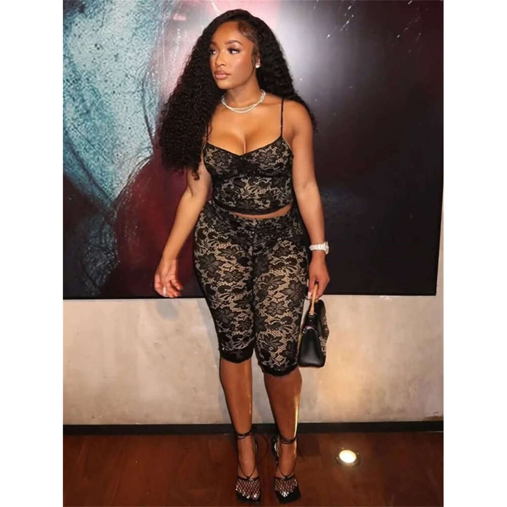 Summer New Fashion Lace Sheer Sleeveless Strap Floral Crop Top Bodycon Set For Women B5