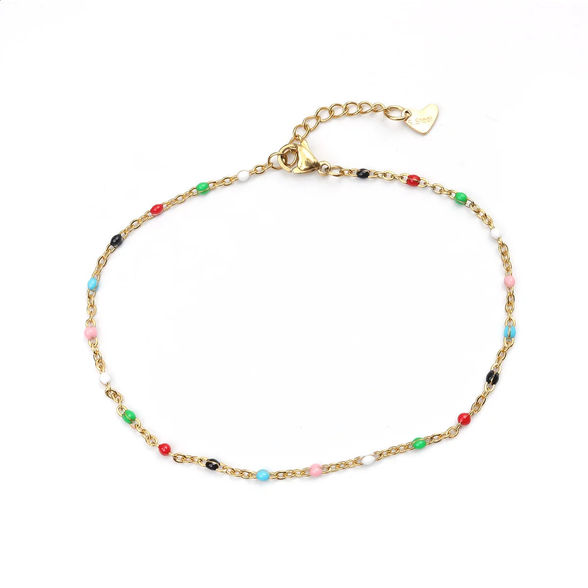 Fashion Colorful Enamel Beads Anklet Gold Color Stainless Steel Chain Bracelet For Women Summer Beach Foot Jewelry 23cm 250606