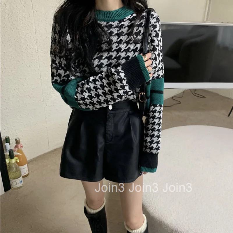 Plaid Graphic Brown Knit Tops For Woman Round O Neck Womens Sweater Modern Jersey Elegant Hot Offers Y2k Vintage Korean Style