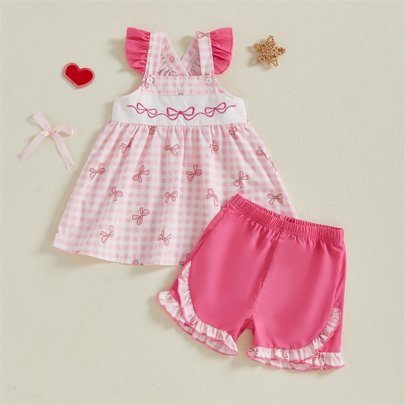 Toddler Little Girl Shorts Set Bow Baseball Plaid Flying Sleeve Babydoll Tops Ruffle Shorts 2 Piece Outfit 250617