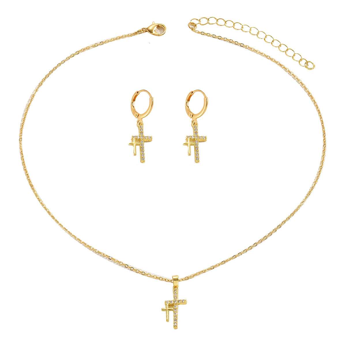 Cross and Earring Light Inlaid Zircon Design Necklace Set Clavicle Chain
