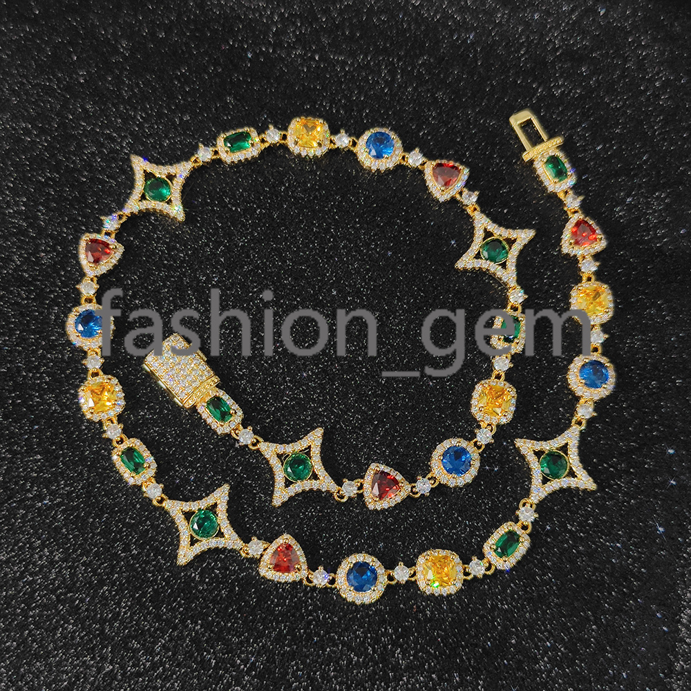 New Arrival Colorful Gemstone Chain for Women 18K Gold Plated Colored moissanite Geometry Motif Link Necklace Hip Hop Jewelry