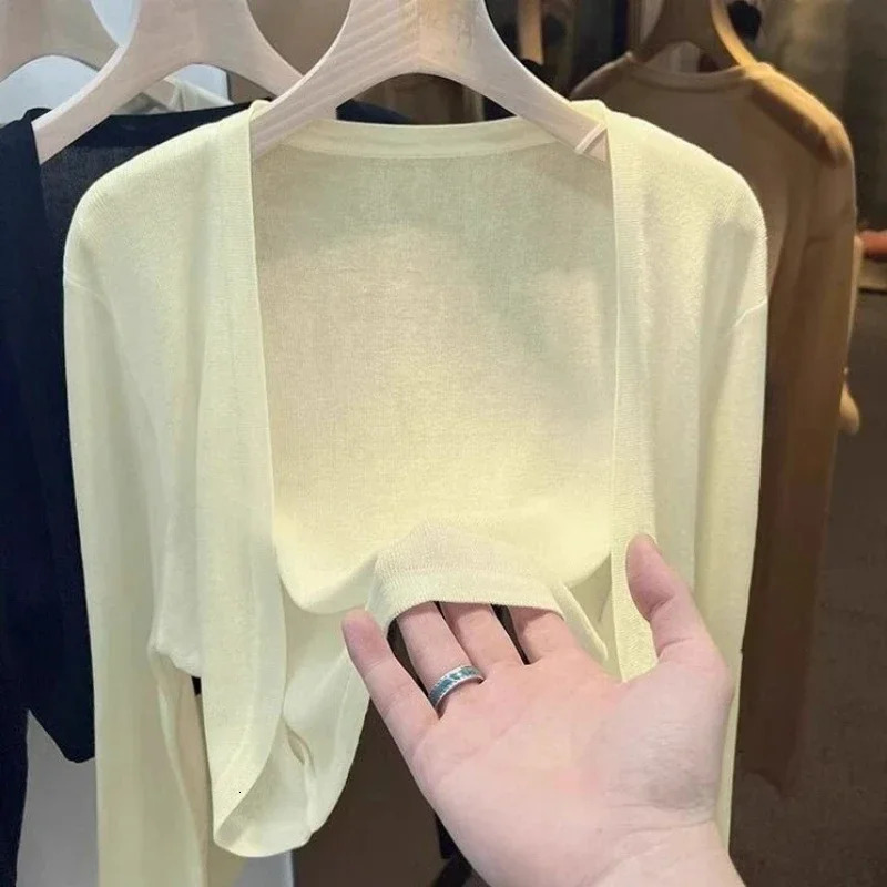 Summer Short Ice Silk Knitted Sun Protection Cardigan Womens Thin Suspender Skirt Layered Gauze Jacket Air-conditioned Cover Up 250617