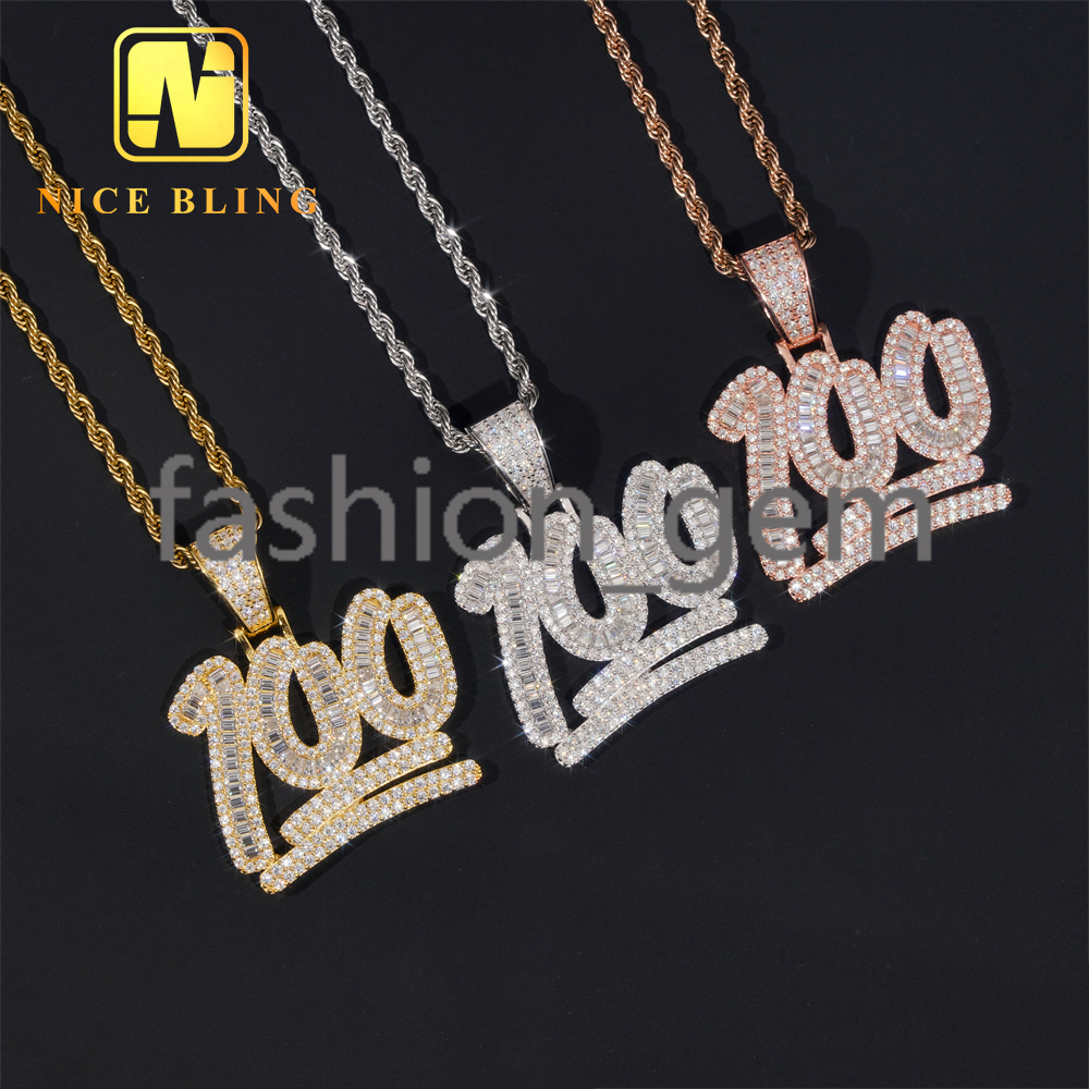 Custom Iced Out Number 100 Hip Hop Moissanite Jewelry Pendant VVS Moissanite 925 Sterling Silver Hip Hop Pendant
