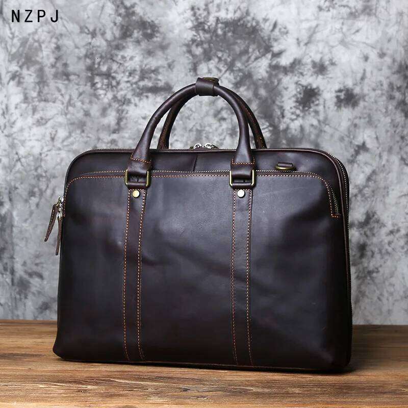 NZPJ Vintage Handmade Leather Handbag Top Layer Cowhide Large-Capacity Business Computer Men's Shoulder Diagonal Bag